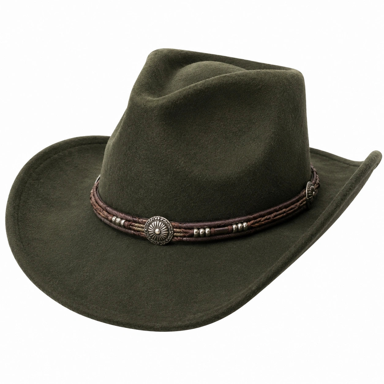 Cowboyhut Einheitsgröße dunkelgrün in Filzoptik mit geflochtenem Hutband Westernstil