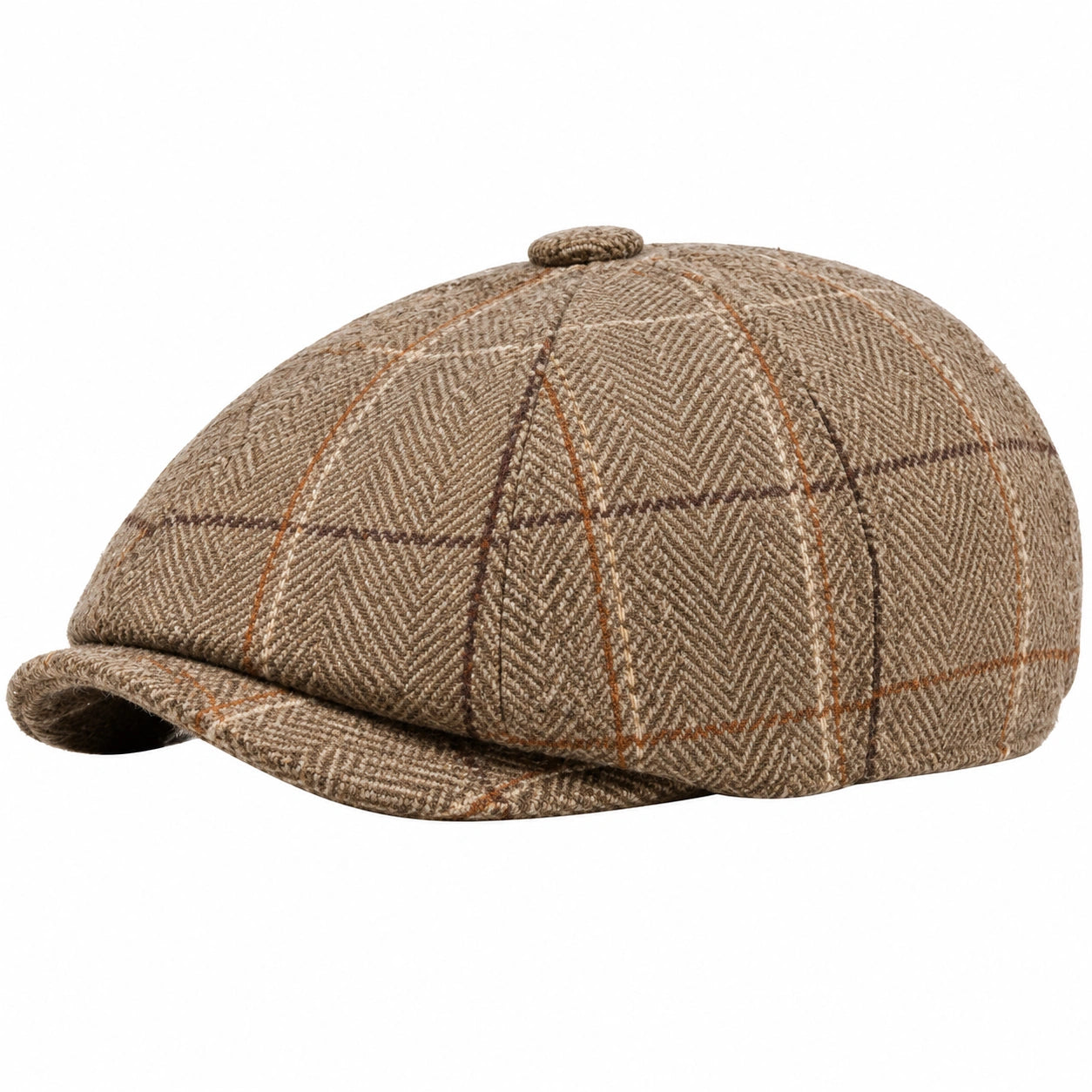 Schiebermütze Einheitsgröße aus strukturiertem Textil in Beige Braun mit Karomuster für den Alltag