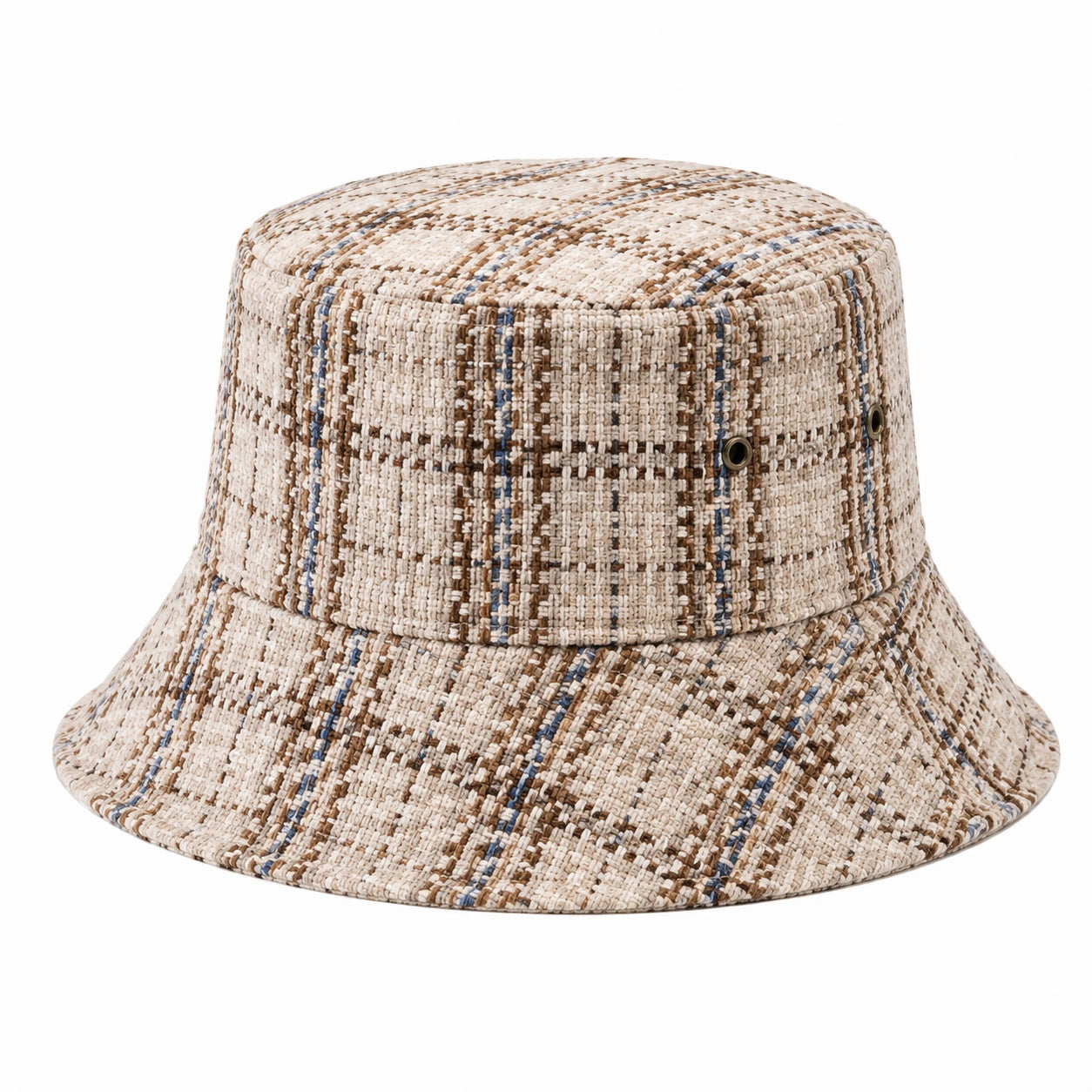 Anglerhut Einheitsgröße aus Webstoff in Beige Braun Blau mit Karomuster und Belüftungsösen