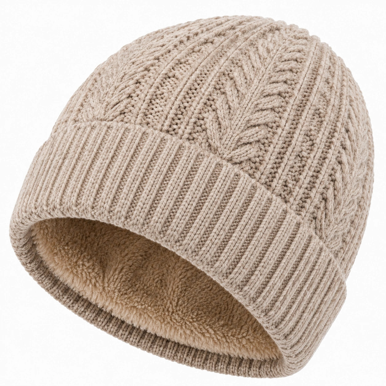 Strickmütze Einheitsgröße Beige mit weichem Futter für Damen und Herren